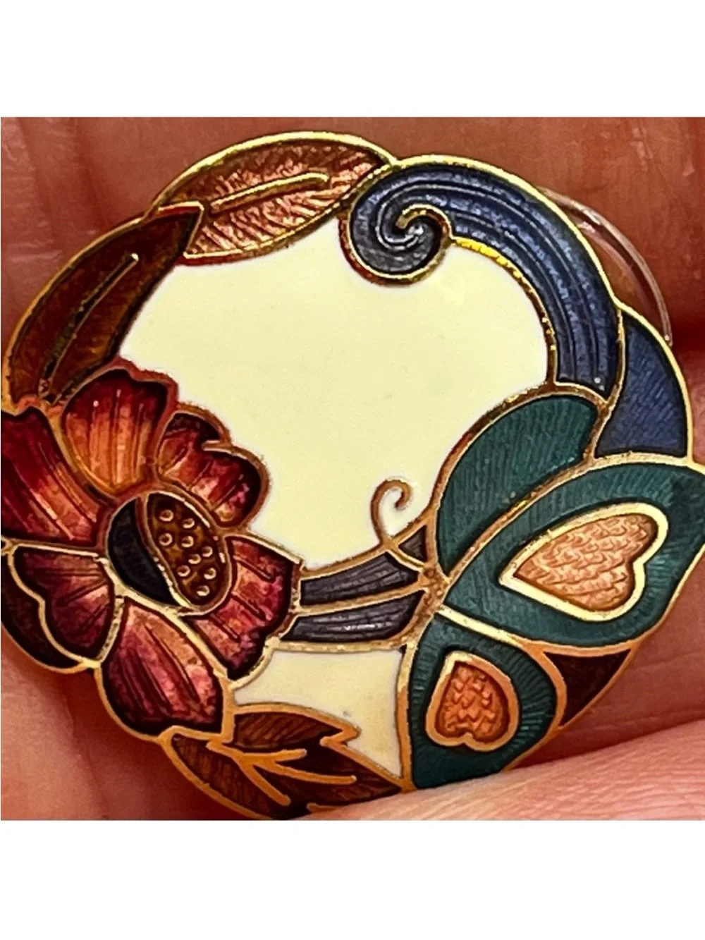 Vintage Chinese cloisonné enamel gold tone pierced earrings flower butterfly